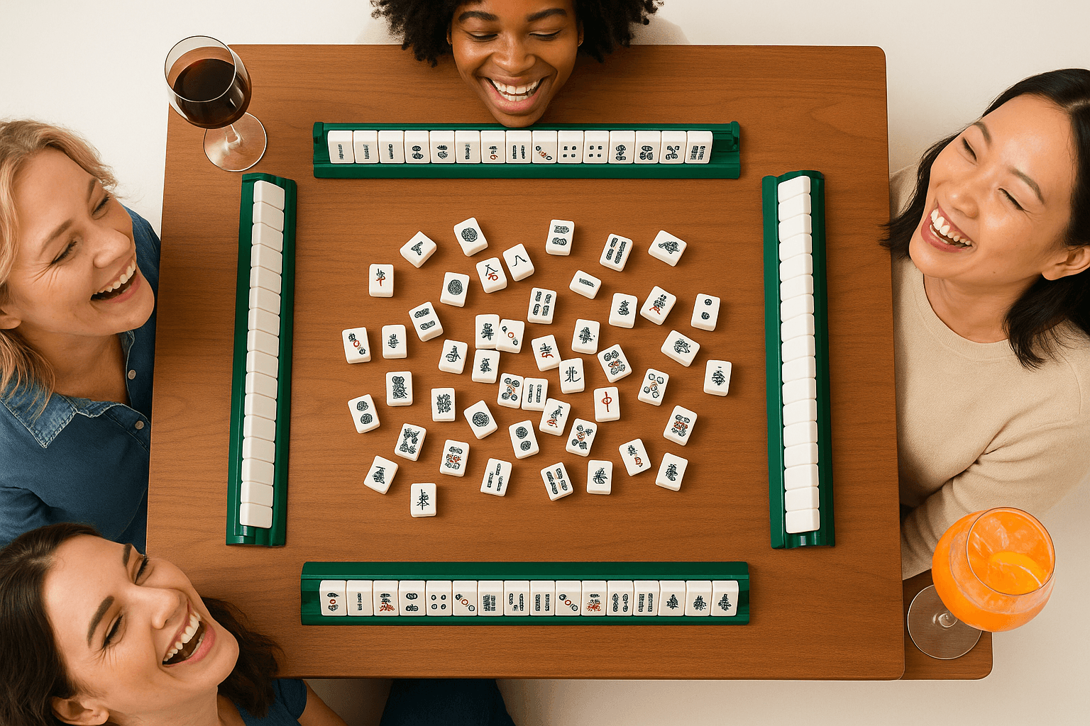 Women laughing and having fun playing mahjong together
